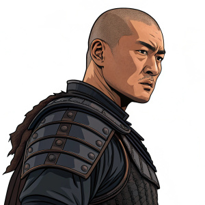Digital illustration of a fierce warrior. Asian man with shaved head, standing against plain white background. Wearing dark armor, he exudes strength and determination. Created using bold lines and flat colors.