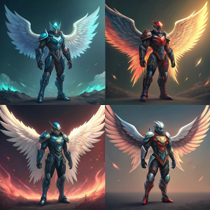 Digital concept art series for a futuristic angel-like character from Xenoblade Chronicles 2. Multiple dynamic poses with detailed armor and feathered wings. Various color schemes, including metallic blues and fiery reds, set against a gradient background.