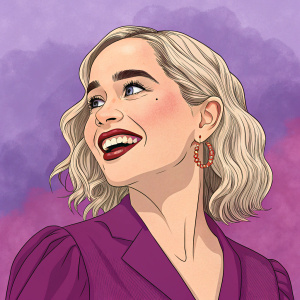 Cartoony illustration of Emilia Clarke. Exaggerated facial features, bold colors, whimsical style, against a gradient purple background.