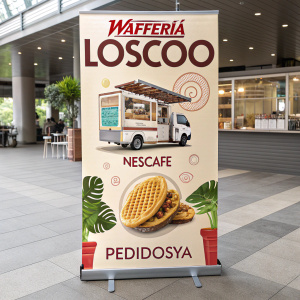 Event poster for Waffleria LosCoo. Creative design featuring a food truck setting with waffles. Text in Spanish, PedidosYa and Nescafe logos prominently displayed. Modern and eye-catching layout.