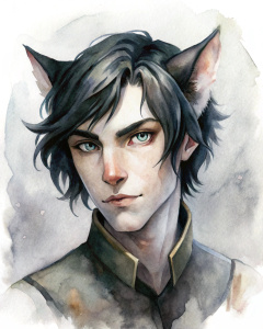 a man (a guy with elf ears), black hair in a beautiful mask (a mask in the shape of a cat)