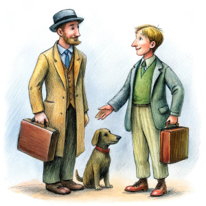 a man giving a puppy to another man that holds a suitcase