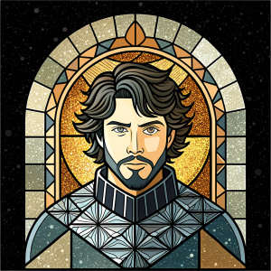 A medieval stained glass window in which we can see a medieval man. Blacksmith. Brown short hair. Looks like a mix between Dylan O'Brien, Joseph Dempsie and Matt Lanter