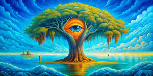 Create an image of a huge oak tree growing out of the water, with an eye peering out of the hollow, in the manner of Brian Despain. The work should incorporate dripping paint effects, mesmerizing the viewer with its expansive landscapes extending from the focal point. The tree should appear as an organic canvas for a surrealist eye that stoically observes the viewer.