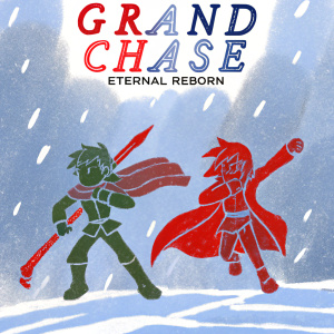 Promotional artwork for 'Grand Chase: Eternal Reborn'. Digital illustration featuring dynamic anime-style characters. Dark background with vibrant color accents.