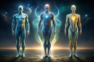 dibuja 3 seres, uno representa el alma, otro el espiritu y otro el cuerpo de carne