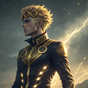 Giorno Giovanna, hero of JoJo's Bizarre Adventure, stands in a striking pose, his outfit a mix of black and gold, in a digital art piece that glows with an ethereal light.