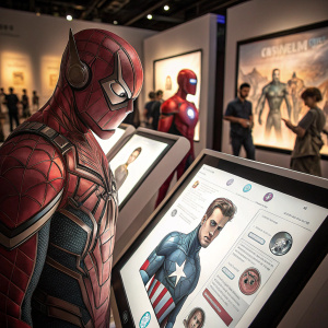 Detailed pencil drawings of Marvel superheroes on a white canvas. The artwork is displayed in a digital gallery. Surrounding the art are glowing screens showcasing fan comments and likes.