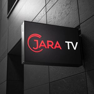 Modern logo design for Jara TV. Bright red logo stands out against a sleek black background. Minimalist, stylish font.