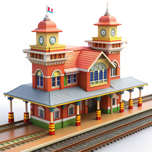 3D cartoon image front view of Indian Railway station highly detailed on white background