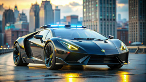Futuristic Concept Lamborghini Police Car with Luxury features and metallic black with polished blue neon details and yellow details, luxury, ((city landscape)), (siren lit background), highly detailed, 8k sharp focus, full wide photo shot, ultra photorealistic, Sci-Fi influenced