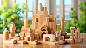 Pile of toy wooden blocks on table. Montessori toys background