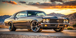 70 chevelle ss, gran turismo race car, hot rod, oversized wheels, very detailed rims, lowered suspension, super wide body kit, cinematic background