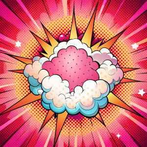 fondo estilo pop art, con estilo comic, con nubes , con color rosado de fondo y una explocion en el medio