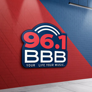 Design concept for '96.1 BBB' radio station. Modern, vibrant logo featuring bold red and blue colors. '96.1 BBB' centered prominently in sleek font. Below, 'Your Life. Your Music.' in matching style, ensuring clear readability and immediate recognition.