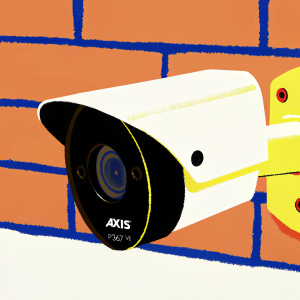 Modern Axis P3367-VE Network Camera featuring a sleek white body with a prominent black lens. The Axis logo is elegantly placed at the base. Equipped with sturdy metallic fasteners for secure mounting, this camera is designed for rugged outdoor use with a utilitarian aesthetic.