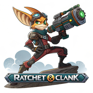 A detailed vector illustration of a character from the Ratchet & Clank universe. The character is standing in a battle-ready pose, wielding a high-tech weapon. The background is a clean white space, with the Ratchet & Clank logo prominently displayed below.