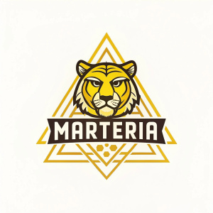 Modern geometric logo for Marteria. Yellow tiger head. Bold font below