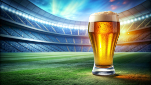 Glass of fresh and cold beer on soccer football stadium background