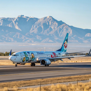 Boeing 737-990 aircraft painted with Disney characters, Alaska Airlines livery. Taxiing on runway with mountains in background, clear blue sky, gears down.