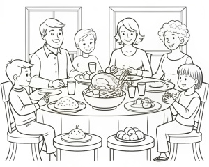  Coloring pages,Family at Thanksgiving dinner, black and white line art