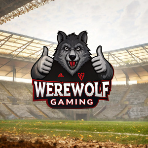 A gray-furred wolf mascot for the eSports team 'WEREWOLF GAMING'. Standing proudly in a stadium, giving a thumbs up.