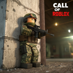 Illustration featuring a Lego-style action figure inspired by military themes. The figure wears a camouflage outfit and holds a gun, set against a rough concrete wall. Digital 3D rendering. 'CALL OF ROBLOX' logo