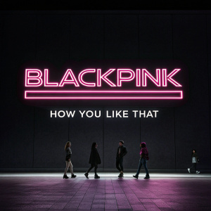 Digital promotional image for BLACKPINK's 'How You Like That' special edition single. Pitch black background. The band name and song title in bold neon pink font. Sleek modern design