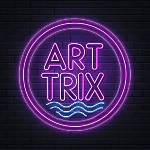 Digital art of 'Art Trix' logo in neon style. Vibrant purple text with swirling patterns on dark background.