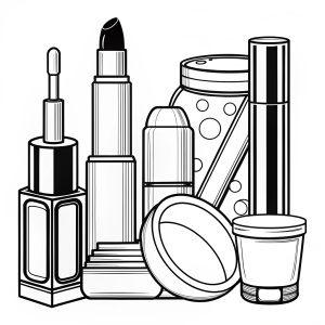 black and white outline art for blaches lipsticks facial foundations rimel lipsticks eye shadows  bage page,coloring pages for  all white, style,white background,full body,sketch style,(((((white background))))),use only outline,cartoon style,line art,coloring book,clean line art,white background