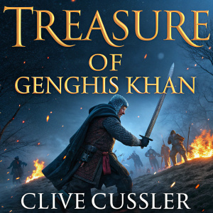 For 'Treasure of Genghis Khan' by Clive Cussler, the book cover showcases a night battle scene with a central warrior wielding a large sword. Dark blue hues dominate with orange flames highlighting the chaos. Title in bold font at the top.