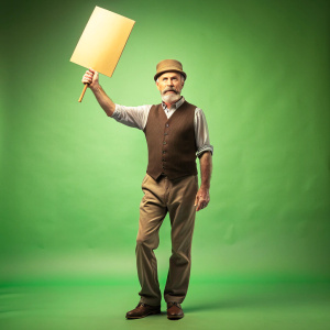 full body man protesting in an old style on a green background