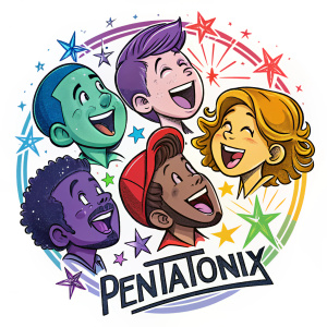 Pentatonix logo featuring five cartoon heads, colorful and lively, against a dynamic background of shimmering stars