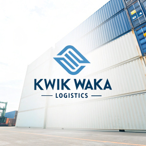 Kwik Waka Logistics brand identity showcases an abstract icon in vibrant blue against a crisp white backdrop. The logo utilizes a sleek, contemporary sans-serif typeface for the company name.