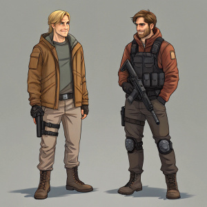 Two Ghost Recon Breakpoint characters. Left character, blonde hair, light skin, smiling. Wearing brown jacket and boots. Right character, brown hair, medium skin, serious face. Tactical outfit