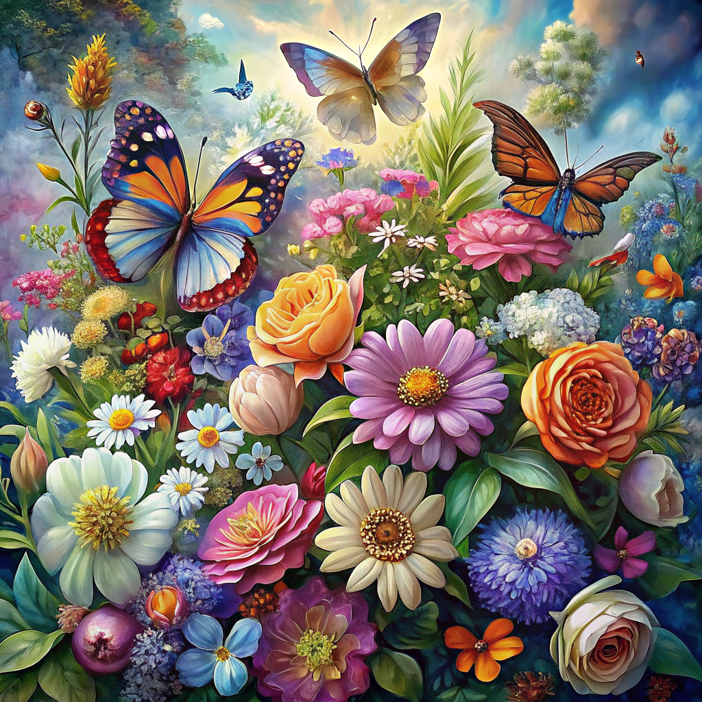 A beautiful bouquet of flowers surrounded by fluttering butterflies