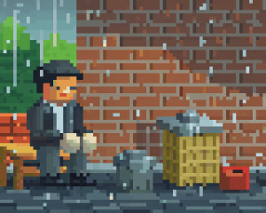 man asking for money sitting near to trashcan. Behing him is a wall made of bricks. There should be rainy outside