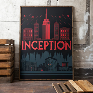 Movie poster for 'Inception', dark color palette, red text 'Inception', intricate design of melting buildings, displayed on a rustic wooden board.