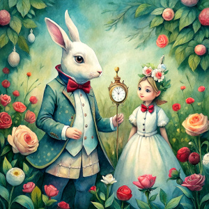 Alice in wonderland Alice and the white rabbit which is  dressed in a jacket and looking at his pocket watch in a rose garden  watercolor
