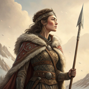 Olga Kurylenko as the fierce warrior Etain, standing proudly with a spear. Traditional attire with fur accents. Illustration-style background with soft beige tones