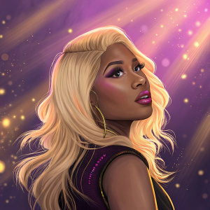 Nicki Minaj, with blonde hair, in a dramatic pose. Glowing purple and gold hues in the background. High contrast, digital art style.