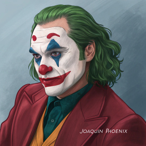 Joaquin Phoenix as Joker. Intense stare with iconic makeup. Red and white clown face, green hair. Artist signature visible at bottom.