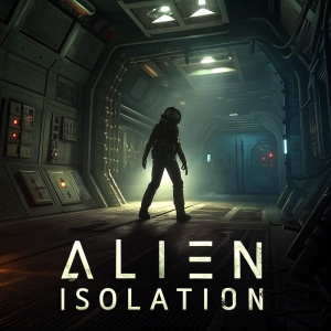 Dark promotional poster for Alien: Isolation. Futuristic interior with ominous alien creature. Machinery and equipment in the background. Alien in menacing stance. Text 'ALIEN ISOLATION' at bottom. Eerie and tense atmosphere.