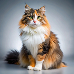 fluffy 3 colour stained cat, white collar, little slanted eyes. Full body shot.