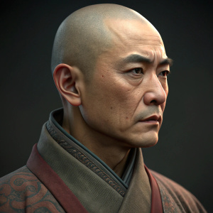 Digital 3D render of an Asian male character. Bald head, serious expression, detailed facial features. Dark background.