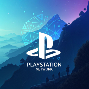 Digital artwork showcasing the PlayStation Network logo. A vibrant gradient background transitions from dark blue to light blue. The logo features abstract geometric shapes with sharp edges. The brand name 'PlayStation Network' is positioned below the logo in sleek, modern font.