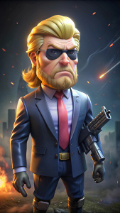 Avatar Pixar style illustration of Donald Trump as Snake Plissken in escape from New-York, full view head to toe