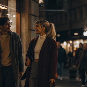 Emily Ratajkowski, with blonde hair in a ponytail, alongside an unnamed man in glasses. They are in a crowded cityscape. Emily is wearing a maroon coat over a white top.