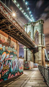 brooklyn bridge, night, graffiti on the walls, ghetto.