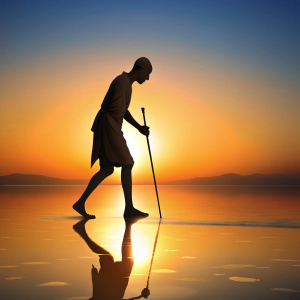 Create a flat, minimal illustration of a full-body black silhouette of Mahatma Gandhi, the national father of India, bending down and touching salt on a beach. He should be depicted with a stick in hand, in a posture that captures the historical Salt March moment. The background can be a simple, solid color or a subtle gradient to ensure the silhouette stands out, highlighting Gandhi’s gesture and the symbolic significance of the act.